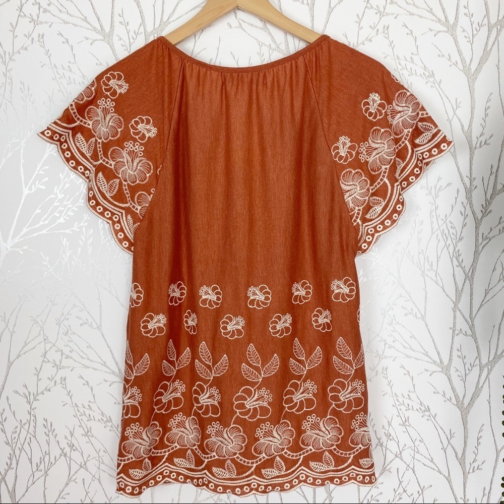 FEVER Short Sleeve BOHO Embroidered Top Rust NWT - Picture 2 of 7